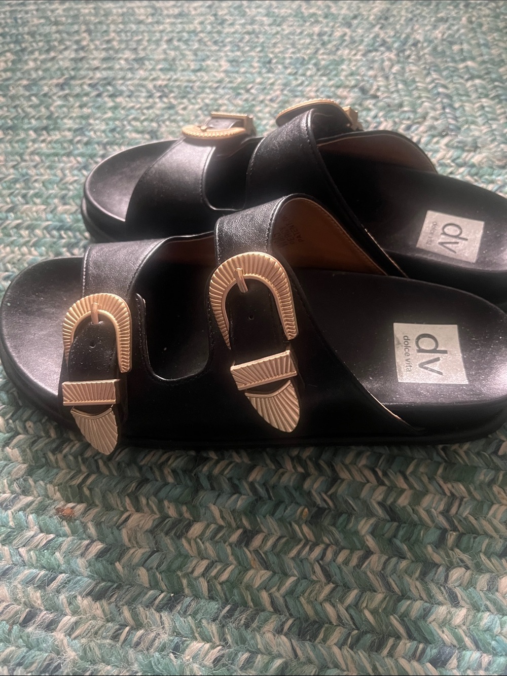 DV by Dolce Vita Black Slides with Gold Buckles